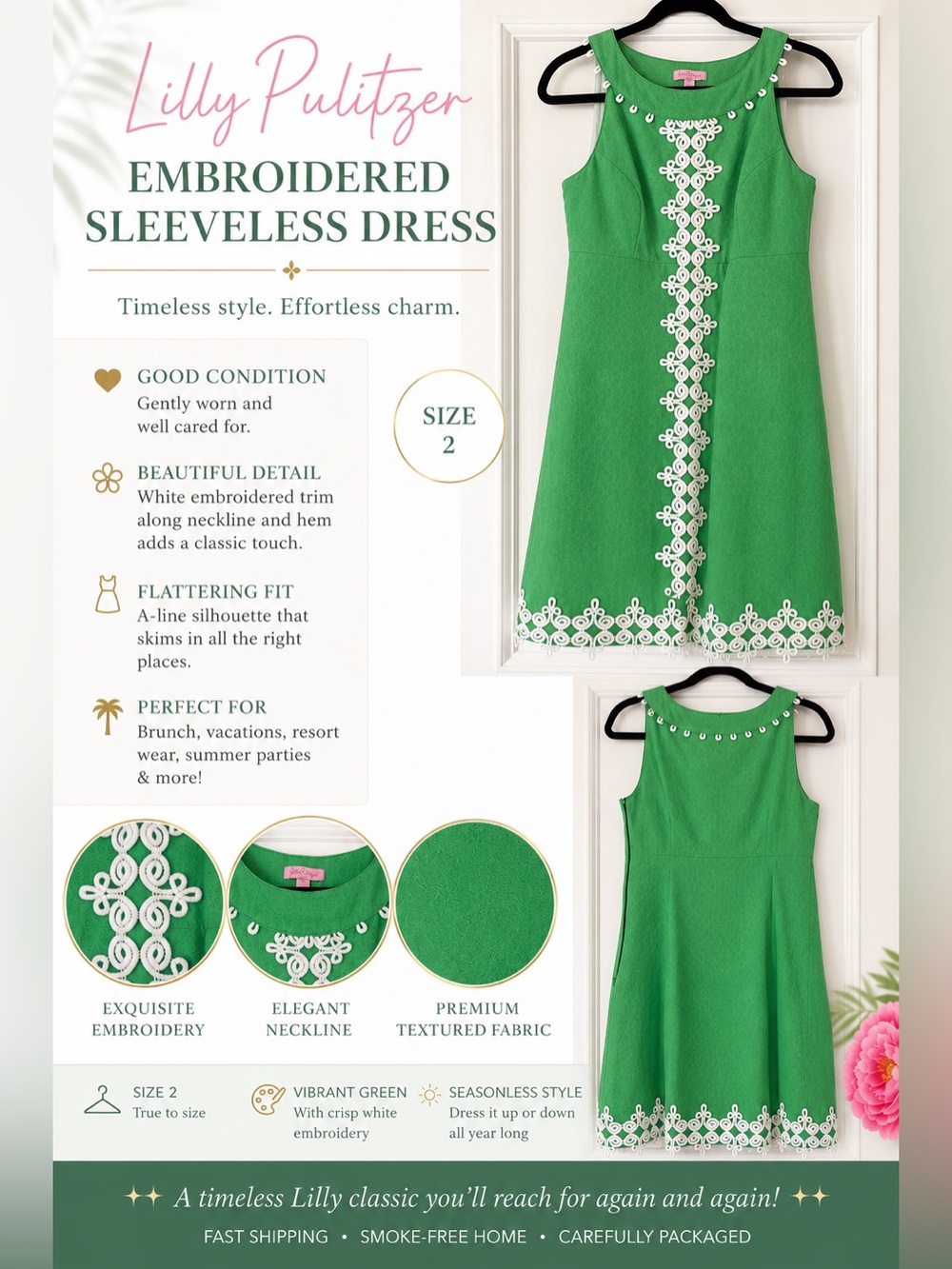 Lilly Pulitzer Green Textured Jacquard Sleeveless Dress with White Embroidery